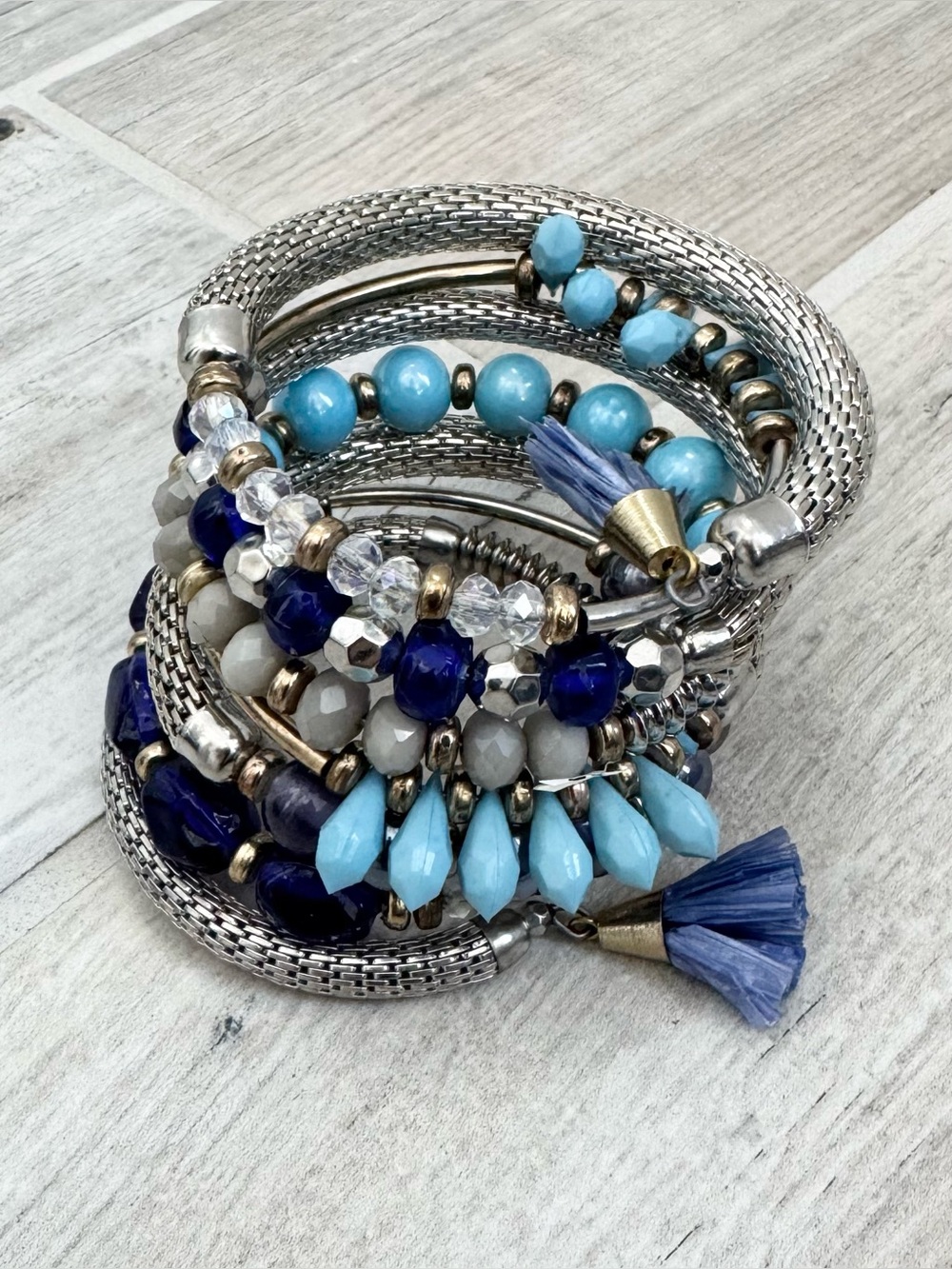 Multi Silver Gold Blue Coil Bracelet